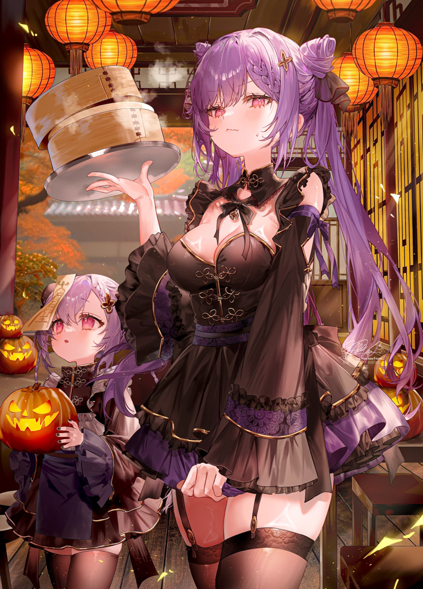 2girls absurdres alternate_costume architecture bamboo_steamer black_dress black_thighhighs braid breasts cleavage clothing_cutout commentary_request cone_hair_bun cowboy_shot double_bun dress east_asian_architecture garter_straps genshin_impact hair_bun hand_up highres holding holding_pumpkin holding_tray keqing_(genshin_impact) lantern long_hair long_sleeves looking_at_viewer multiple_girls ofuda ofuda_on_head outdoors paper_lantern pink_eyes pumpkin purple_hair qiqi_(genshin_impact) short_hair shoulder_cutout signature standing sweat thighhighs tray twintails utsuhostoria wide_sleeves zettai_ryouiki