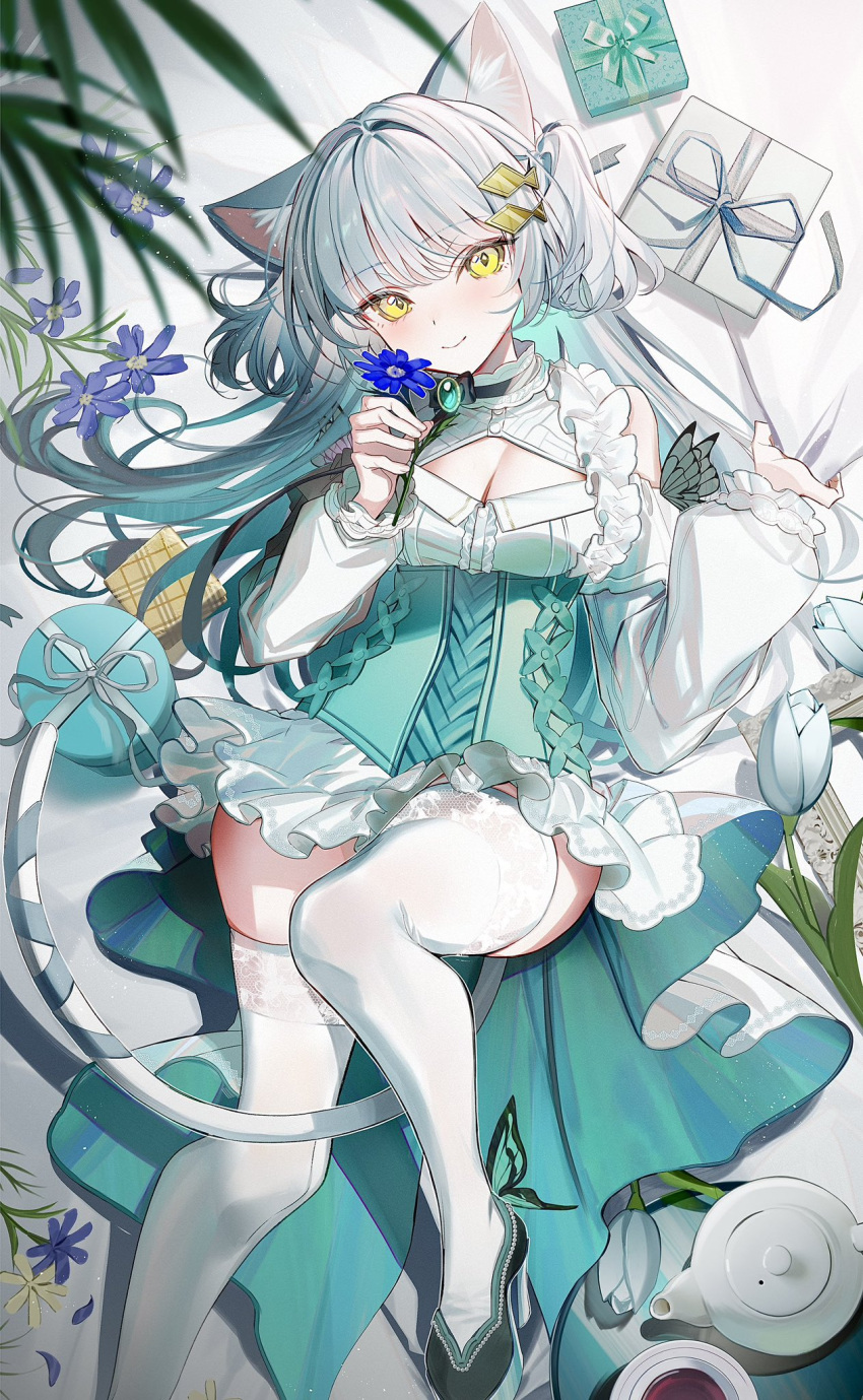 animal_ear_fluff animal_ears blue_flower breasts cat_ears cat_girl cat_tail cleavage corset detached_sleeves dress female fish_hair_ornament flower green_corset hair_ornament highres holding holding_flower kawachi_rin long_hair medium_breasts original smile solo tail thighhighs two_side_up white_dress white_hair white_thighhighs yellow_eyes