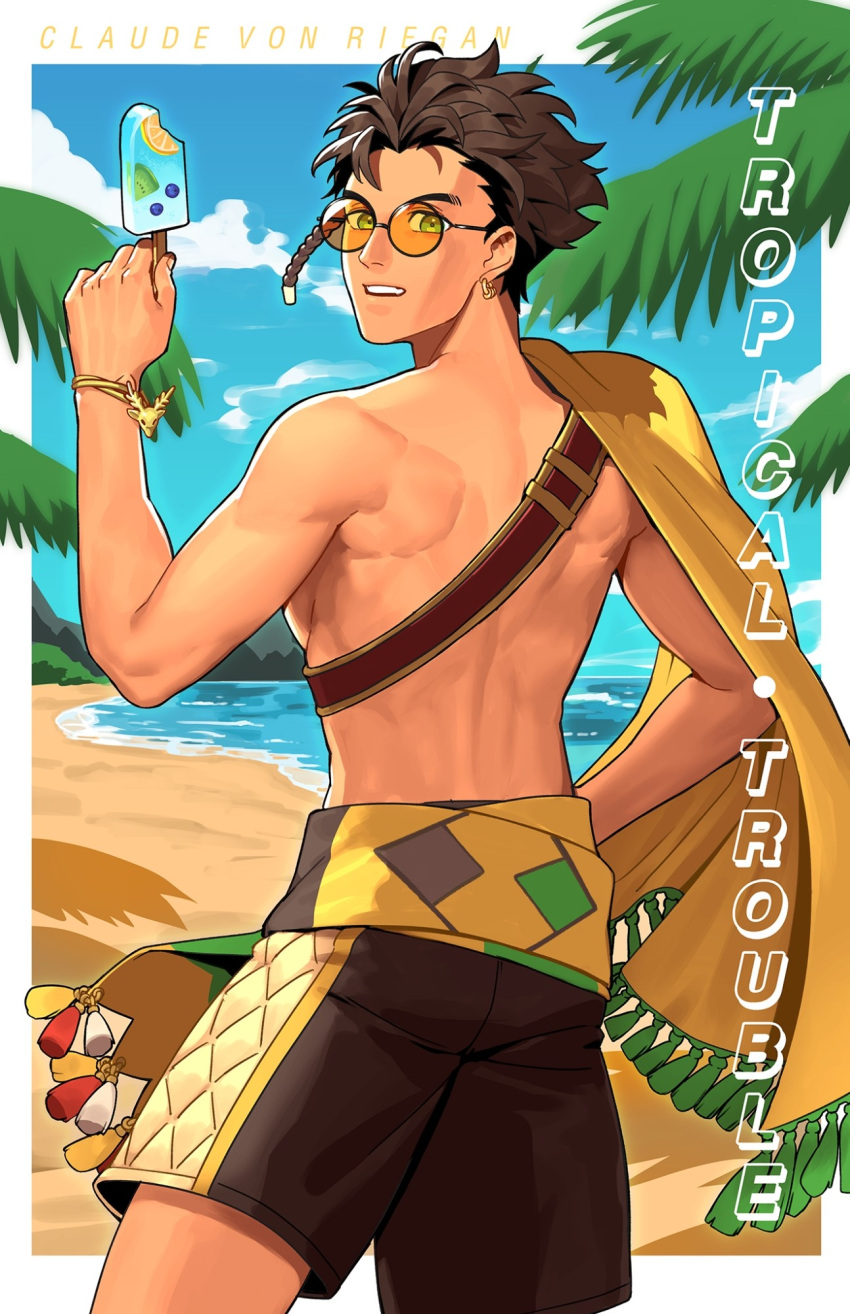 1boy beach black_male_swimwear claude_von_riegan claude_von_riegan_(summer) dark-skinned_male dark_skin fire_emblem fire_emblem:_three_houses fire_emblem_heroes food from_behind hand_on_own_hip highres holding holding_food holding_popsicle looking_back male_swimwear official_alternate_costume palm_tree popsicle radiostarkiller solo sunglasses swimsuit topless_male tree