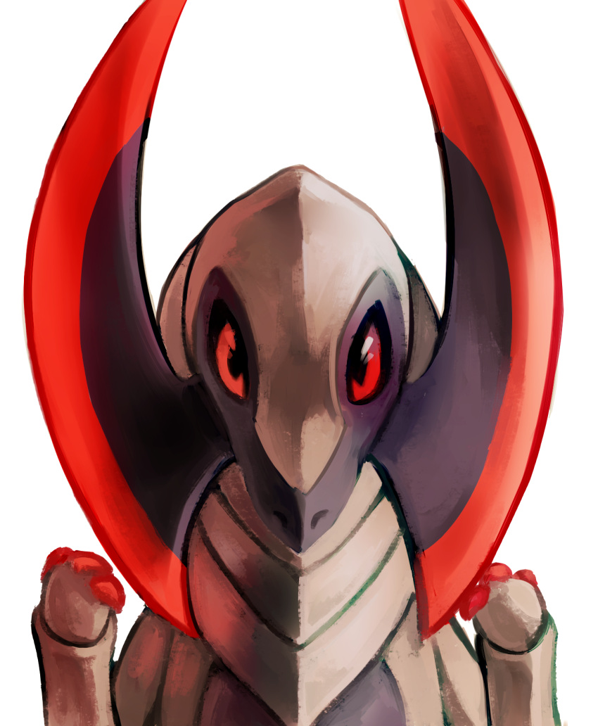 2016 ambiguous_gender anterior_nasal_aperture biped claws finger_claws flavia-elric generation_5_pokemon haxorus hi_res looking_at_viewer nintendo pokemon pokemon_(species) pupils red_eyes simple_background solo tusks white_background