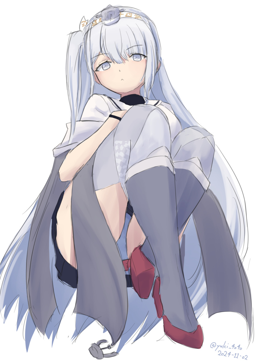 :< black_skirt commentary female full_body fuyutsuki_(kancolle) grey_eyes grey_hair grey_panties grey_shawl grey_thighhighs headgear highres kantai_collection long_hair one-hour_drawing_challenge one_side_up panties pleated_skirt rudder_footwear sailor_collar sailor_shirt school_uniform serafuku shawl shirt simple_background skirt solo thighhighs twitter_username underwear very_long_hair white_background white_sailor_collar white_shirt yuki_4040