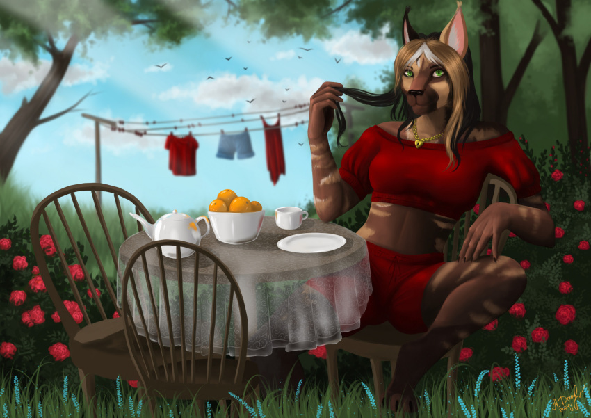 alexandradane anthro avian beverage bird black_nose bobcat brown_body brown_fur clothing felid feline female flower fur garden green_eyes hi_res lynx mammal plant red_clothing rose_(flower) tassels tea