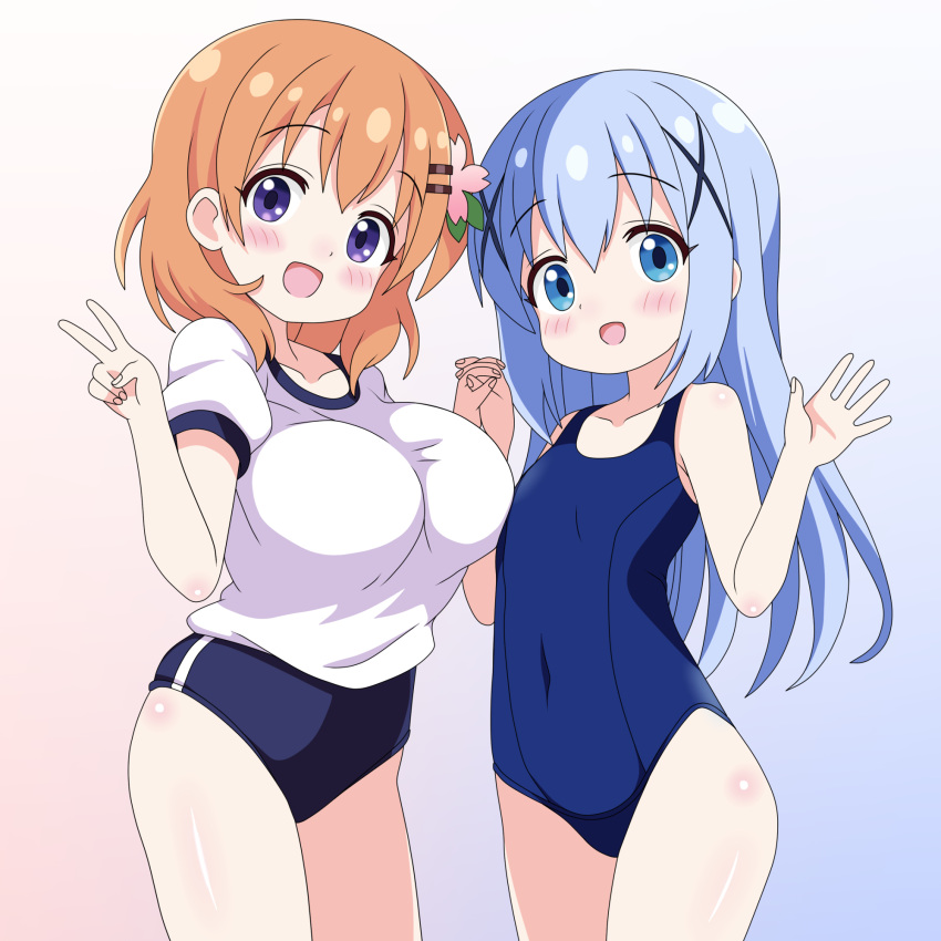 2girls blue_buruma blue_eyes blue_hair blue_one-piece_swimsuit breasts brown_eyes buruma flat_chest flower gochuumon_wa_usagi_desu_ka? gradient_background gym_shirt gym_uniform hair_flower hair_ornament highres holding_hands hoto_cocoa kafuu_chino large_breasts long_hair multiple_girls old_school_swimsuit one-piece_swimsuit sakuzo school_swimsuit shirt short_hair swimsuit t-shirt v waving white_shirt x_hair_ornament