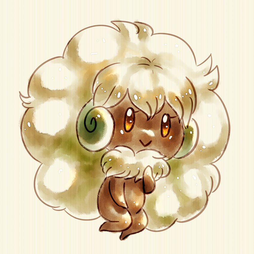 2016 2_horns ambiguous_gender big_hair brown_body brown_eyes closed_smile digital_media_(artwork) elemental_creature eyelashes flavia-elric flora_fauna fluffy generation_5_pokemon green_horn hair hi_res horn humanoid mouth_closed nintendo plant pokemon pokemon_(species) simple_background smile solo whimsicott