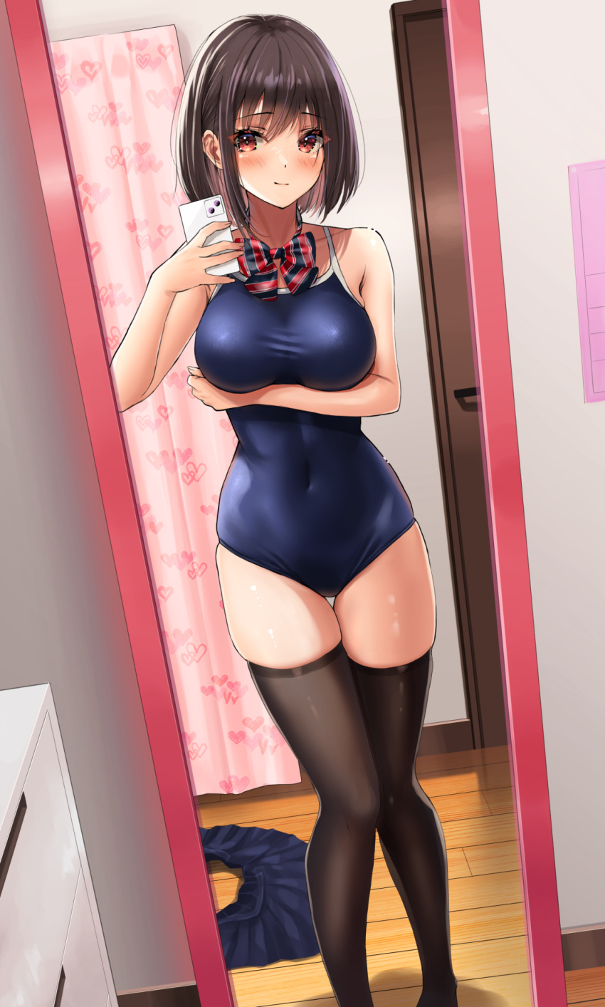 arm_under_breasts black_hair black_one-piece_swimsuit black_thighhighs blue_skirt blue_thighhighs blush bob_cut bow bowtie breasts cellphone chest_of_drawers clenched_hand commentary_request competition_school_swimsuit covered_navel curtains door dutch_angle embarrassed feet_out_of_frame female grey_hair groin hair_between_eyes hand_up highleg highleg_one-piece_swimsuit highres holding holding_phone indoors large_breasts long_hair looking_at_viewer medium_hair miniskirt mirror nose_blush one-piece_swimsuit original parted_lips phone plaid_bow plaid_bowtie plaid_clothes pleated_skirt polka_dot raised_eyebrows red_bow red_bowtie red_eyes reflection ribbed_swimsuit school_swimsuit selfie shadow skindentation skirt smartphone solo standing straight_hair swimsuit taut_clothes thigh_gap thighhighs thighs unworn_skirt yukemuriganmo