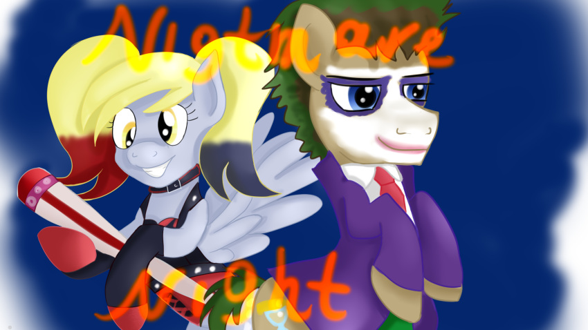 alternate_hairstyle baseball_bat bat_(object) batman_(series) cosplay dc_comics derpy_hooves doctor_whooves_(mlp) duo earth_pony equid equine female friendship_is_magic halloween harley_quinn hasbro hi_res holidays horse jbond joker_(2019_film) male mammal my_little_pony mythological_creature mythological_equine mythology pegasus pony standing text wings