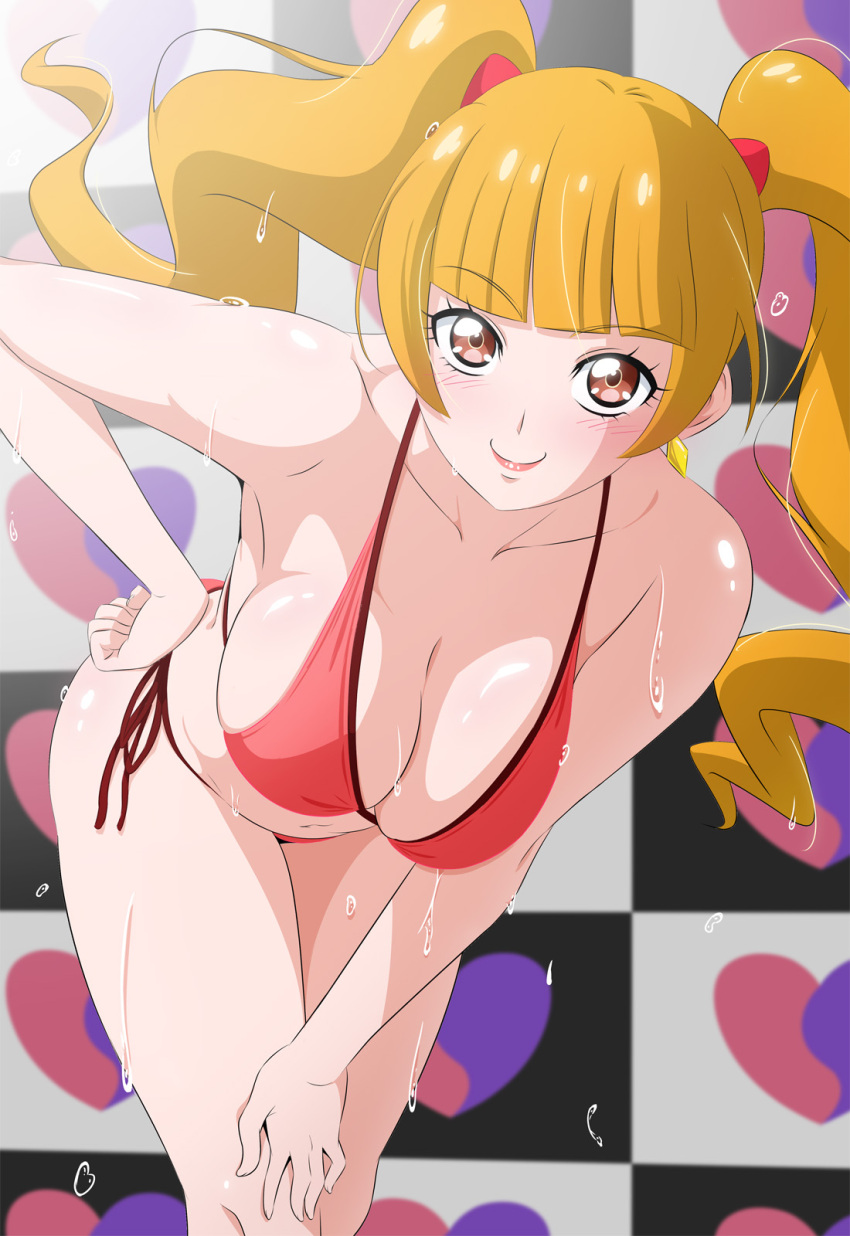 aisaki_emiru bikini blonde_hair blunt_bangs bow breasts collarbone female fuchi_(nightmare) hairbow highres hugtto!_precure large_breasts long_hair looking_at_viewer precure red_bikini red_bow red_eyes side-tie_bikini_bottom smile solo standing swimsuit twintails wet