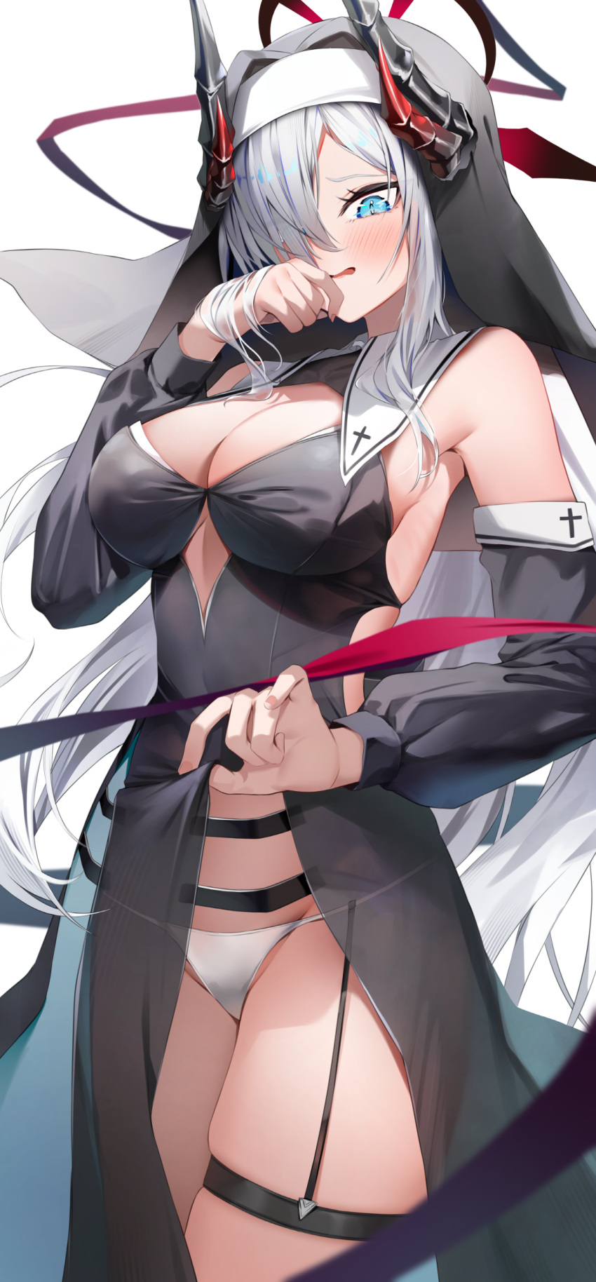 absurdres alternate_costume bare_shoulders black_shirt black_veil blue_archive blue_eyes breasts commentary_request cross demon_girl demon_horns female grey_hair hair_over_one_eye highres horns large_breasts long_hair looking_at_viewer makoto_(blue_archive) nun shirt shuvi_(shuvi1125) simple_background solo veil white_background wimple