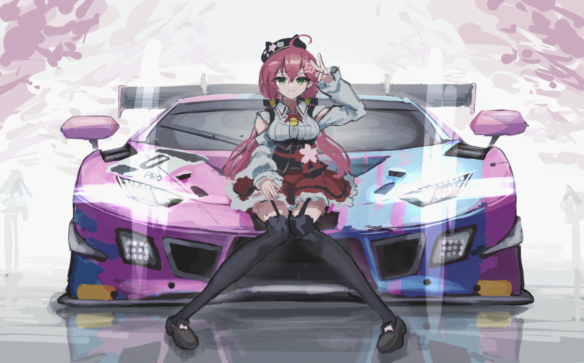 absurdres ahoge bell beret black_thighhighs bodice bow bowtie car clothing_cutout collared_shirt female garter_straps green_eyes hair_between_eyes hair_ornament hairclip hat headlight_beam highres hololive lamborghini leaning_on_object loafers long_hair long_sleeves motor_vehicle neck_bell official_alternate_costume on_car pink_hair red_bow red_bowtie red_skirt sakura_miko sakura_miko_(casual) shirt shiyo_tsubame shoes shoulder_cutout sitting skirt solo spread_legs thighhighs twintails v v_over_head virtual_youtuber white_shirt