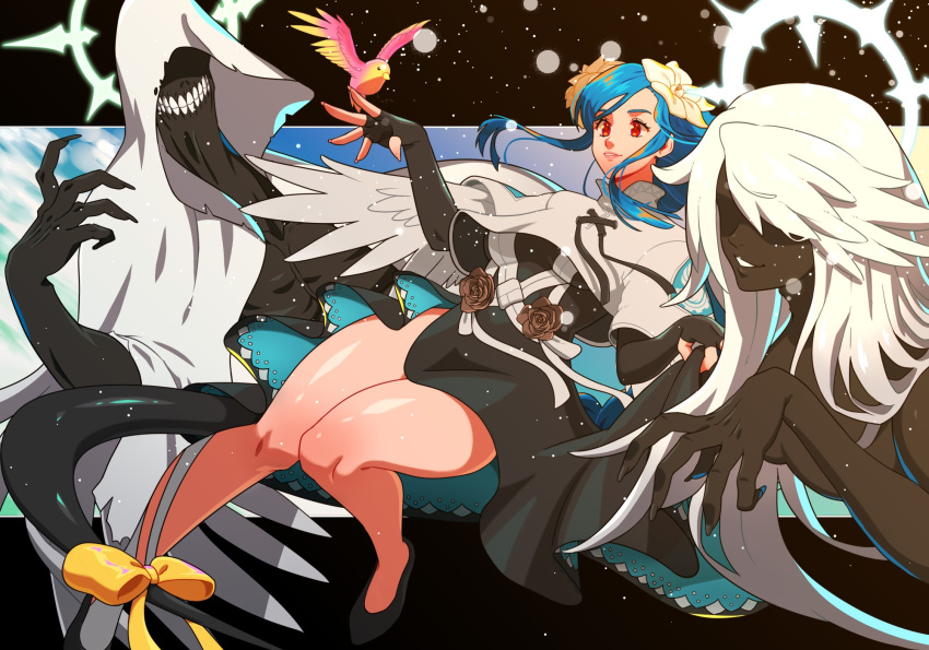 1boy 2girls angel_wings asymmetrical_legwear bird black_dress black_gloves black_skin blue_hair braid braided_ponytail cloud cloudy_sky colored_skin commentary crop_top curtsey dizzy_(guilty_gear) dress elbow_gloves feathered_wings feathers fingerless_gloves flower front_slit gloves guilty_gear guilty_gear_strive hair_between_eyes hair_flower hair_ornament hair_over_eyes highres hood hood_over_eyes kitsune23star long_hair mature_female monster_girl multiple_girls necro_(guilty_gear) parted_lips queen_dizzy red_eyes ribbon sidelocks skeletal_face sky sparkle swept_bangs tail tail_ornament tail_ribbon thick_thighs thighs undine_(guilty_gear) white_flower white_hair wings yellow_flower