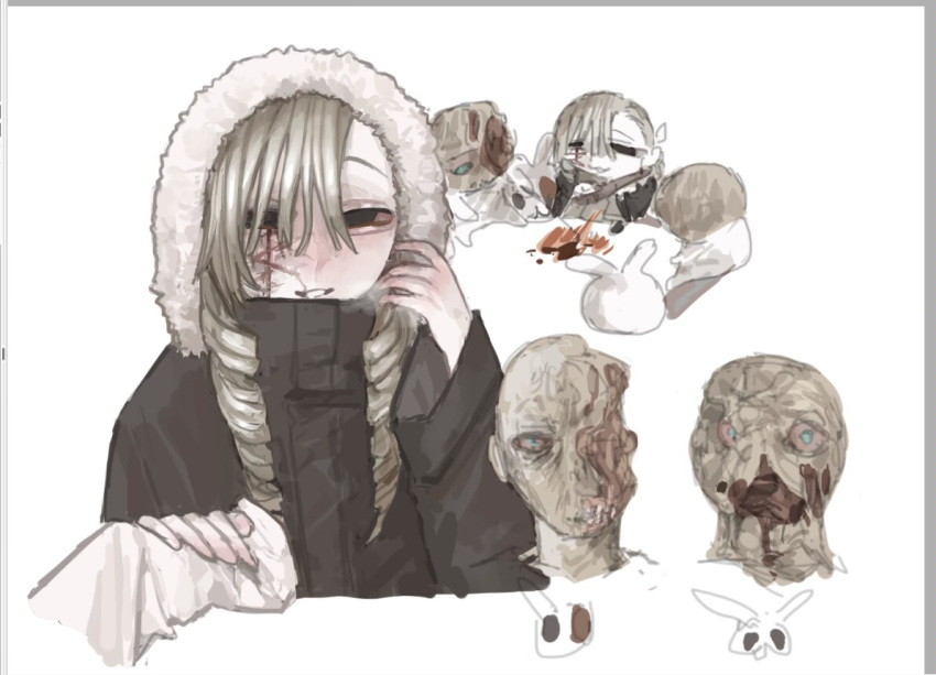 2others art_program_in_frame blonde_hair body_horror breath brown_coat chibi chibi_inset coat drill_hair exposed_muscle female fur_coat mask multiple_others original painttool_sai_(medium) portrait rabbit_mask scar scar_across_eye smile teeth twin_drills upper_body white_background wuwuren