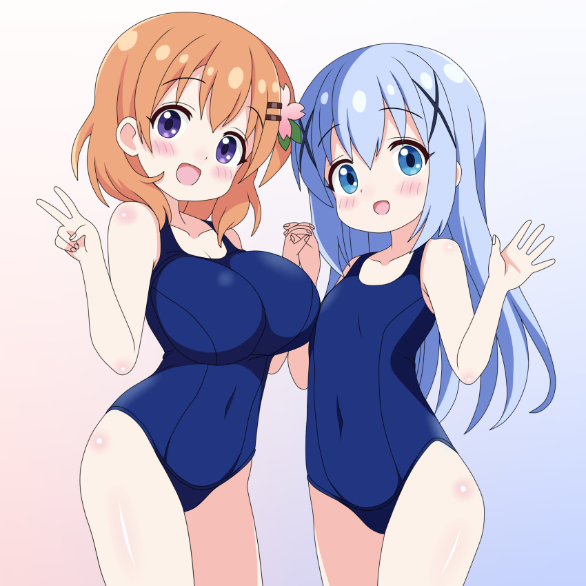 2girls blue_eyes blue_hair blue_one-piece_swimsuit breasts brown_eyes flat_chest flower gochuumon_wa_usagi_desu_ka? gradient_background hair_flower hair_ornament highres holding_hands hoto_cocoa kafuu_chino large_breasts long_hair multiple_girls old_school_swimsuit one-piece_swimsuit sakuzo school_swimsuit shirt short_hair swimsuit t-shirt v waving x_hair_ornament