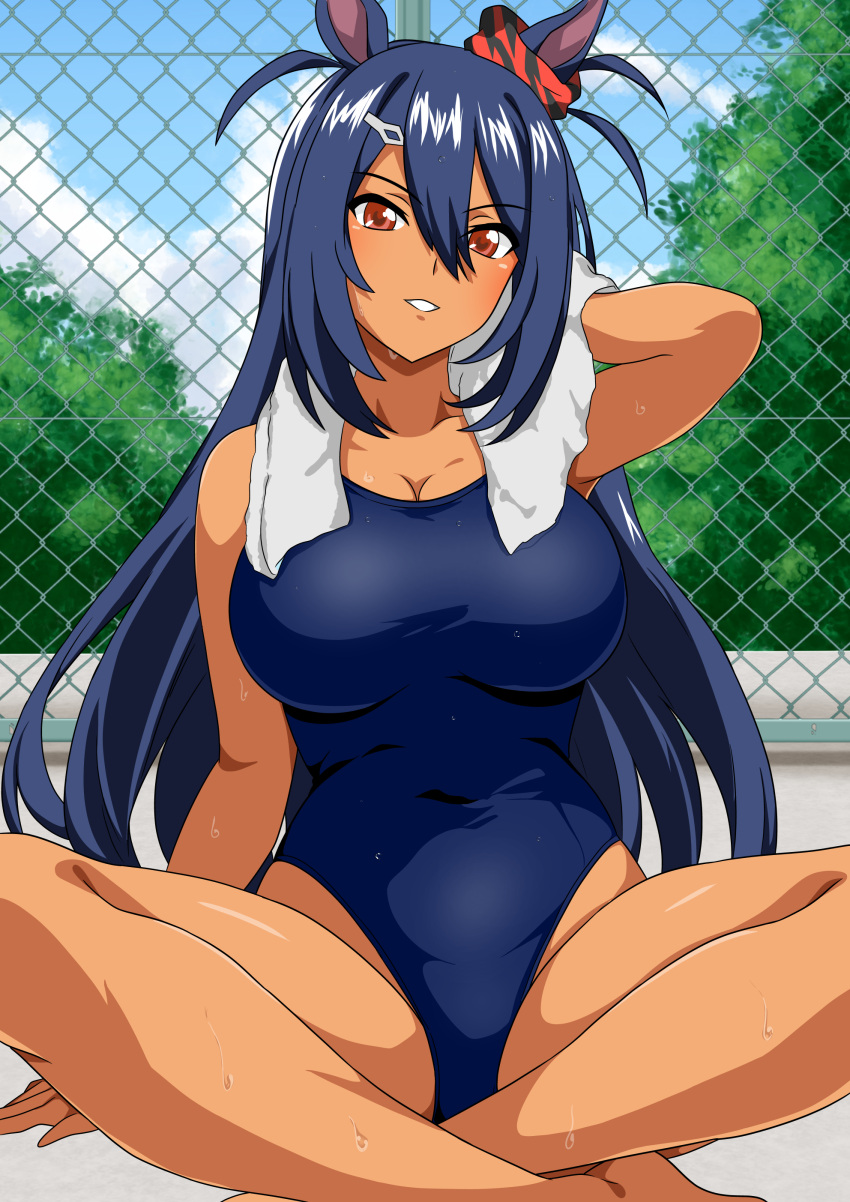 absurdres animal_ears black_hair blue_one-piece_swimsuit blue_sky breasts brown_eyes bush chain-link_fence cleavage cloud commentary_request competition_swimsuit covered_navel dark-skinned_female dark_skin day ear_scrunchie female fence highres hishi_amazon_(umamusume) horse_ears horse_girl indian_style large_breasts one-piece_swimsuit outdoors parted_lips sitting sky solo swimsuit umamusume yuuyuu_(3jjbn)