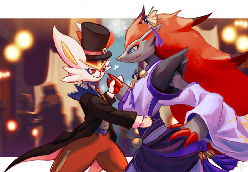 ambiguous_gender anthro biped black_body black_fur blue_body blue_eyes blue_fur cheek_tuft cinderace closed_smile clothed clothing detailed_background duo facial_tuft fur generation_5_pokemon generation_8_pokemon hat headgear headwear hi_res mouth_closed multicolored_body multicolored_fur nintendo pokemon pokemon_(species) red_body red_eyes red_fur smile tenebscuro tuft white_body white_fur yellow_body zoroark