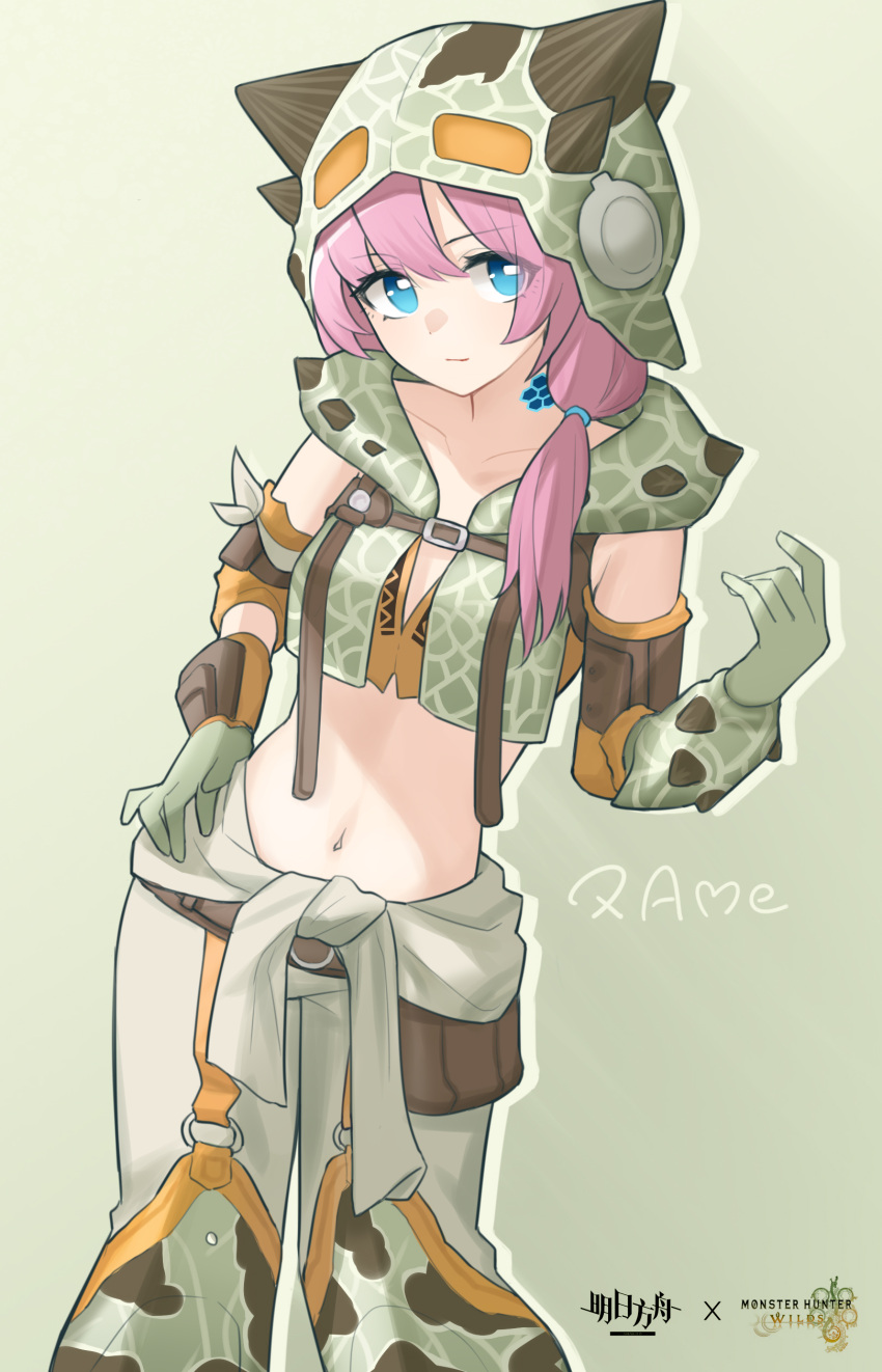 absurdres alternate_costume arknights bare_shoulders blue_eyes blue_poison_(arknights) collarbone crop_top detached_sleeves feet_out_of_frame female gloves green_gloves grey_pants hat highres jiuyu_qame long_hair looking_at_viewer midriff monster_hunter_(series) navel pants pink_hair solo standing stomach