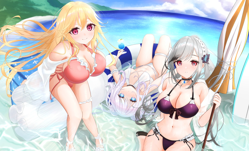 +_+ 3girls absurdres azur_lane beach_umbrella bikini black_choker blonde_hair blue_butterfly blue_eyes blue_gemstone braid breasts bug butterfly butterfly_hair_ornament choker cleavage closed_umbrella cross-laced_clothes cross-laced_one-piece_swimsuit crown_braid day double_bun dunkerque_(azur_lane) dunkerque_(summer_sucre)_(azur_lane) frilled_innertube frilled_one-piece_swimsuit frills front-tie_bikini_top front-tie_top gem grey_hair hair_between_eyes hair_bun hair_flowing_over hair_ornament hair_spread_out headdress highleg highleg_one-piece_swimsuit highres holding holding_umbrella large_breasts le_malin_(azur_lane) le_malin_(mercredi_at_the_secret_base)_(azur_lane) long_hair looking_at_viewer lying multiple_girls official_alternate_costume on_back one-piece_swimsuit outdoors purple_bikini red_eyes red_one-piece_swimsuit richelieu_(azur_lane) richelieu_(fleuron_of_the_waves)_(azur_lane) side-tie_swimsuit sky small_breasts summer swimsuit tsuri_pi umbrella very_long_hair water white_bikini white_hair white_innertube