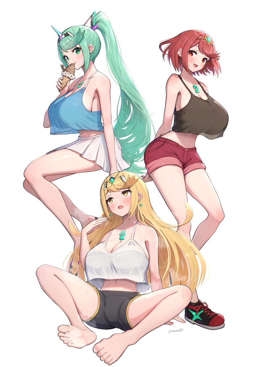 3girls absurdres aegis_sword_(xenoblade) breasts chest_jewel cleavage core_crystal_(xenoblade) gonzarez highres multiple_girls mythra_(xenoblade) pneuma_(xenoblade) pyra_(xenoblade) smile tiara xenoblade_chronicles_(series) xenoblade_chronicles_2