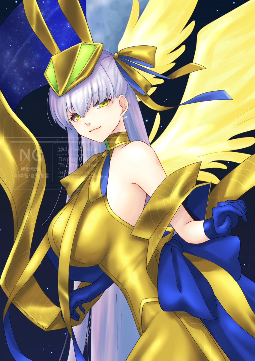 animal_ears animal_hat bare_shoulders bb_(fate) blue_gloves breasts chi_wa elbow_gloves fate/grand_order fate_(series) female gloves gold_leotard gold_ribbon golden_bb_(fate) hair_ribbon hat highleg highleg_leotard highres large_breasts leotard long_hair long_skirt looking_at_viewer neck_ribbon pantyhose purple_hair rabbit_ears rabbit_hat ribbon sash showgirl_skirt skirt smile solo two-tone_skirt very_long_hair yellow_eyes yellow_pantyhose yellow_skirt