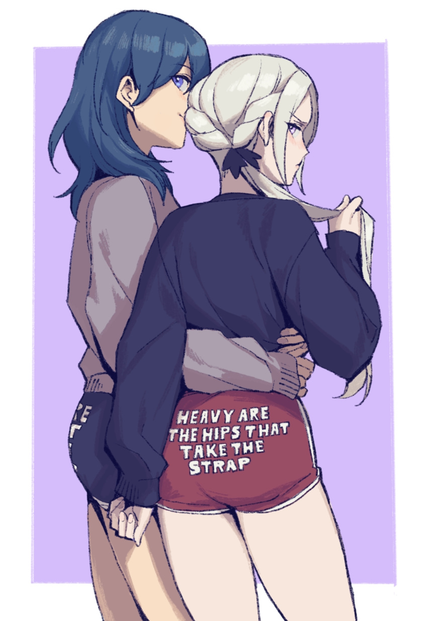 2girls arm_around_waist ass bare_legs black_shorts black_sweater blue_eyes blue_hair byleth_(female)_(fire_emblem) byleth_(fire_emblem) edelgard_von_hresvelg english_text fire_emblem fire_emblem:_three_houses from_behind grey_sweater highres looking_back multiple_girls purple_eyes radiostarkiller shorts smile sweater white_hair yuri