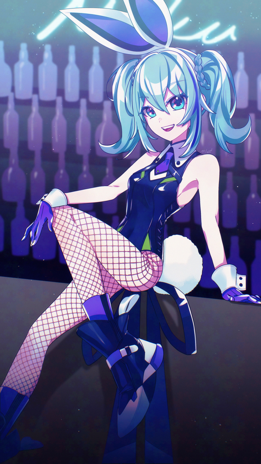 animal_ear_hairband animal_ears aqua_eyes aqua_hair bartender bicute_bunnies_miku bicute_bunnies_miku_(street) breasts bunny_day fake_animal_ears female fishnet_pantyhose fishnets fishnets_over_socks gloves hairband hatsune_miku highres pantyhose pita5ling playboy_bunny purple_gloves rabbit_ear_hairband rabbit_ears simple_background solo_focus twintails vocaloid