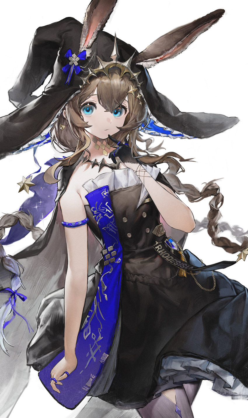 absurdres ambience_synesthesia amiya_(ambience_synesthesia_2024)_(arknights) amiya_(arknights) animal_ears arknights armlet bare_shoulders black_dress black_gloves black_hat blue_eyes blue_hat brown_hair closed_mouth cowboy_shot dress female finger_to_own_chin floating_hair frilled_dress frilled_hat frills gloves grey_pantyhose hair_between_eyes hand_up hat highres jewelry kulianrentizhong long_hair looking_at_viewer pantyhose simple_background single_glove solo standing two-sided_fabric two-sided_headwear white_background