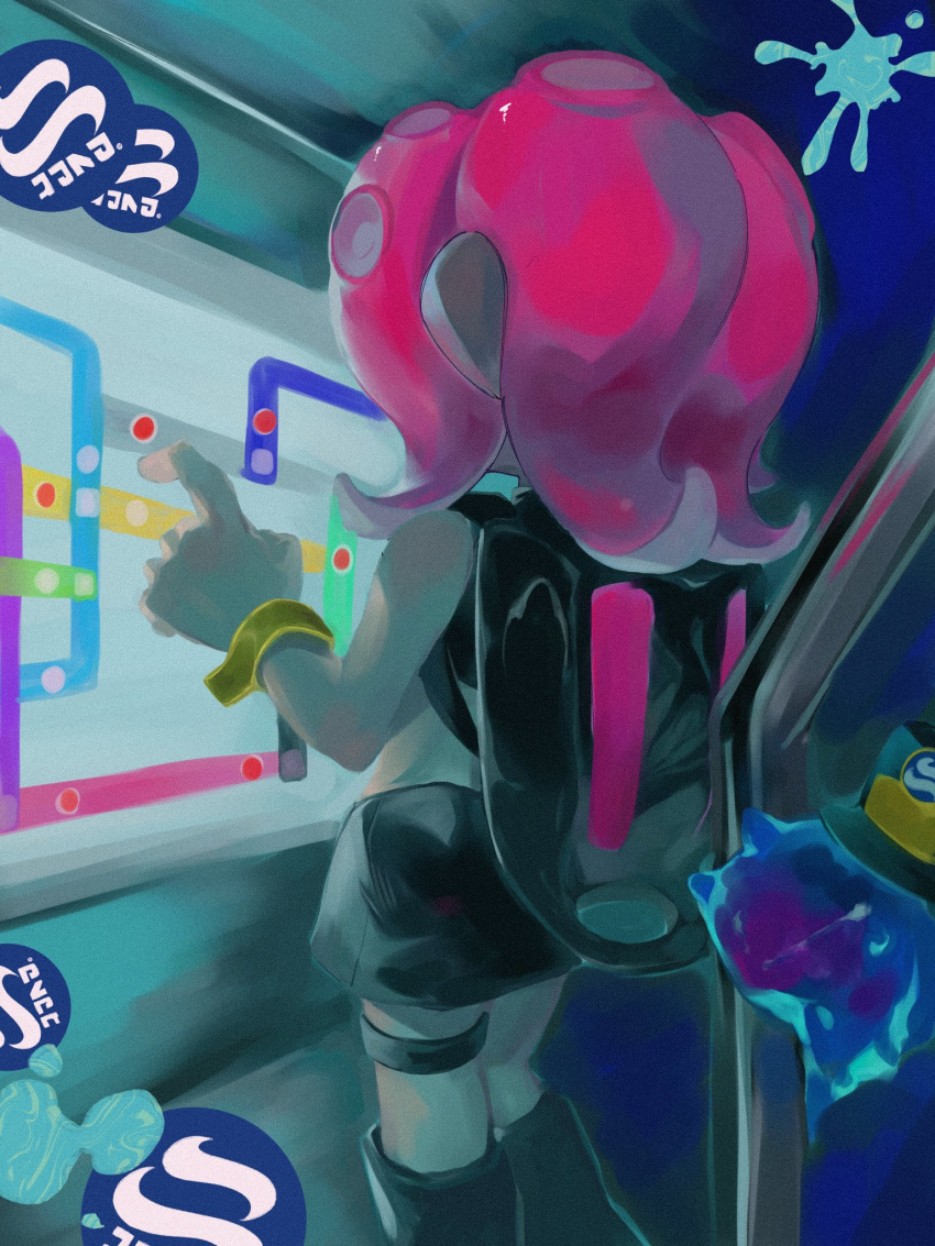 agent_8_(splatoon) black_footwear black_shorts boots c.q._cumber_(splatoon) commentary female ha_r_a_k highres map medium_hair octoling octoling_girl octoling_player_character pink_hair shorts splatoon_(series) splatoon_2 splatoon_2:_octo_expansion standing symbol-only_commentary tentacle_hair