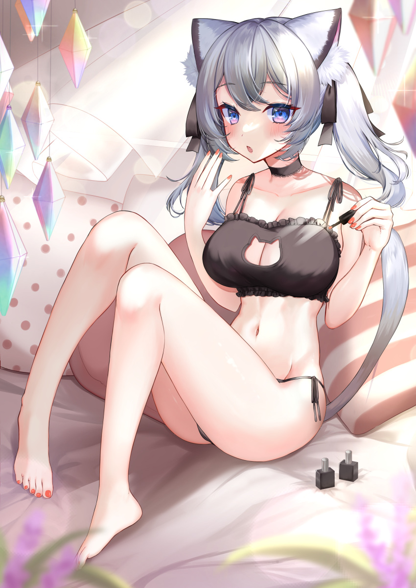 :o absurdres animal_ear_fluff animal_ears barefoot black_choker black_panties blue_eyes blush bra breasts cat_cutout cat_ears cat_lingerie chan'nu chan'nu_(vtuber) choker cleavage cleavage_cutout clothing_cutout collarbone cosmetics female frilled_bra frills full_body grey_hair highres indie_virtual_youtuber meme_attire nail_polish_bottle navel panties pillow red_nails side-tie_panties sitting solo stomach tongue twintails underwear virtual_youtuber