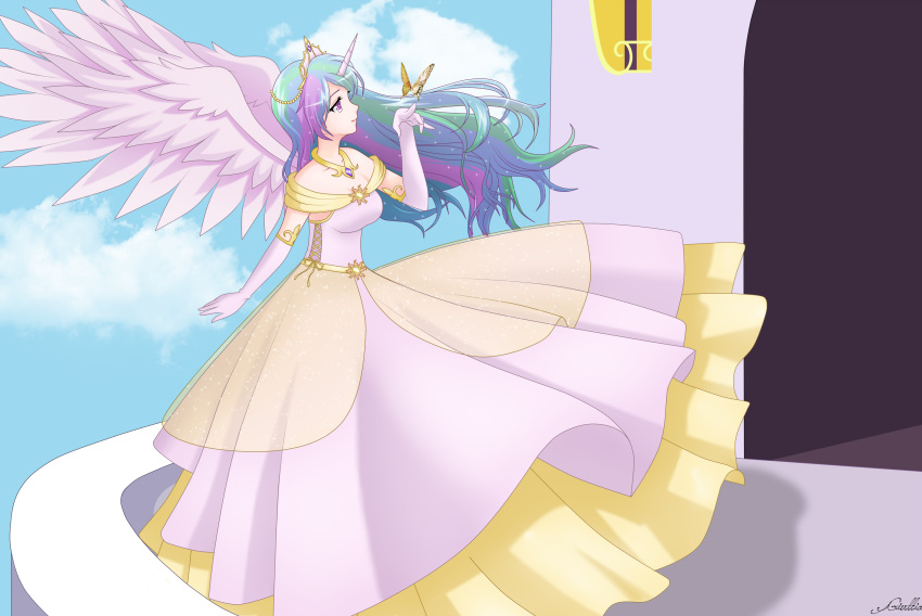 angel_wings balcony blue_sky breasts bug butterfly cleavage cloud crown dress elbow_gloves from_side full_body gloves hand_up highres jewelry long_dress long_hair looking_at_another multicolored_hair my_little_pony my_little_pony:_friendship_is_magic princess princess_celestia princess_dress purple_eyes shining sky smile srtagiuu sun unicorn_horn white_dress white_wings wind wind_lift window wings