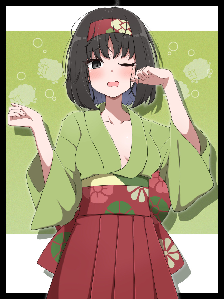 absurdres black_hair blush breasts brown_eyes erika_(pokemon) female green_kimono hairband hakama headband highres japanese_clothes kimono looking_at_viewer messy_hair one_eye_closed open_mouth pokemon pokemon_lgpe red_hairband rubbing_eyes shabana_may short_hair sleepy solo waking_up yawning