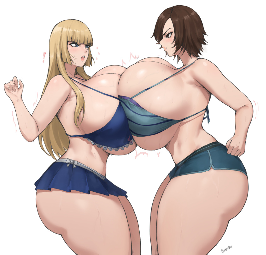 ! 2girls artist_name batako_(batakoart) blonde_hair blue_bra blue_eyes blue_shorts blunt_bangs blush bow bra breast_press breasts brown_eyes clenched_hand frilled_bra frills gigantic_breasts highres kazama_asuka lili_(tekken) long_hair micro_shorts multiple_girls notice_lines open_mouth pleated_skirt short_hair shorts simple_background skirt striped_bra striped_clothes surprised sweat symmetrical_docking tekken underwear very_long_hair white_background white_bow