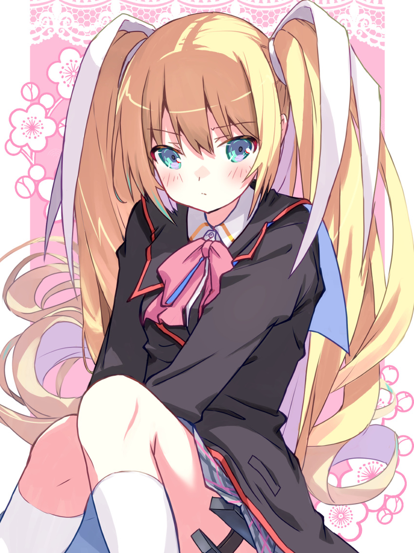 akayama_yukihe black_jacket blonde_hair blue_eyes blush collared_shirt female highres holster jacket little_busters! long_hair long_sleeves looking_at_viewer plaid_clothes plaid_skirt pleated_skirt school_uniform serafuku shirt sitting skirt socks solo thigh_holster tokido_saya twintails very_long_hair white_socks