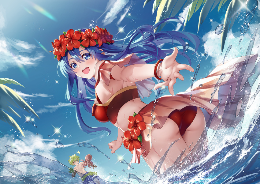 1boy :d absurdres arched_back armband ass back bikini bikini_skirt blue_eyes blue_hair blue_sky breasts cloud cowboy_shot day dutch_angle female fire_emblem fire_emblem:_the_binding_blade fire_emblem_heroes floating_hair flower flower_wreath from_behind from_below gold_trim green_hair hair_between_eyes highres light_blush lilina_(fire_emblem) lilina_(summer)_(fire_emblem) long_hair looking_at_viewer looking_back medium_breasts octopus official_alternate_costume open_mouth outdoors outstretched_arm outstretched_hand palm_tree red_armband red_bikini red_flower sky smile solo_focus sparkle splashing standing swimsuit teeth topless_male tree upper_teeth_only wading water water_drop wet wolt_(fire_emblem) wolt_(summer)_(fire_emblem) yuki_(sumaburalove)