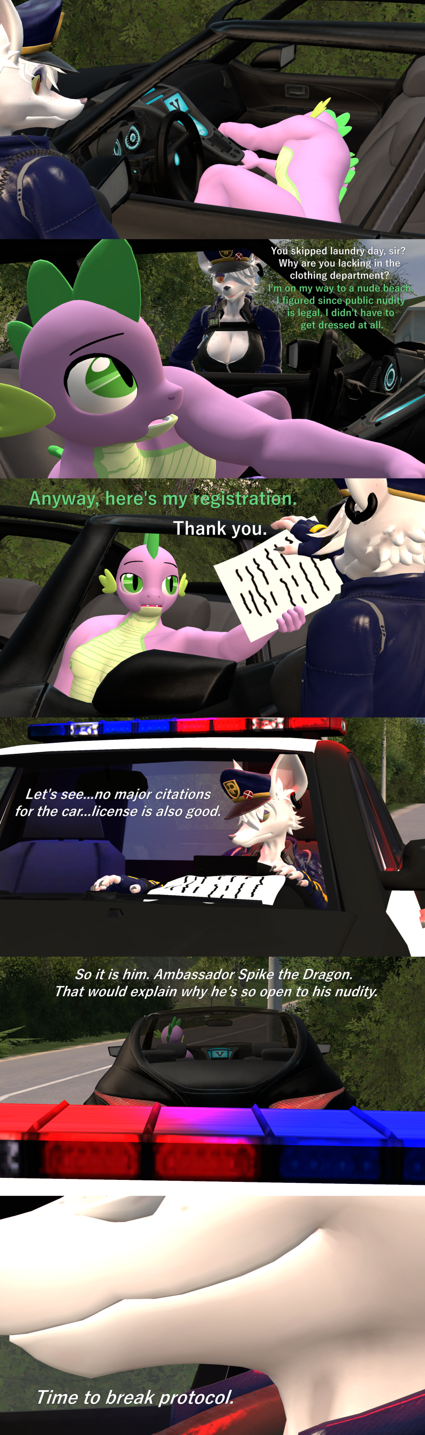 3d_(artwork) absurd_res anthro big_breasts biped breasts car clothed clothing dialogue digital_media_(artwork) dragon duo female friendship_is_magic hasbro hi_res male mammal murid murine my_little_pony mythological_creature mythological_scalie mythology papadragon69 plant police police_car police_officer police_vehicle purple_body rat rodent scalie spike_(mlp) text thick_thighs tree vehicle white_body