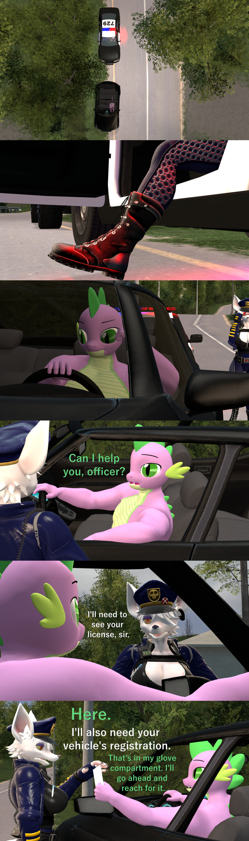 3d_(artwork) absurd_res anthro big_breasts biped breasts car clothed clothing dialogue digital_media_(artwork) dragon duo female friendship_is_magic hasbro hi_res male mammal murid murine my_little_pony mythological_creature mythological_scalie mythology papadragon69 plant police police_car police_officer police_vehicle purple_body rat rodent scalie spike_(mlp) text thick_thighs tree vehicle white_body