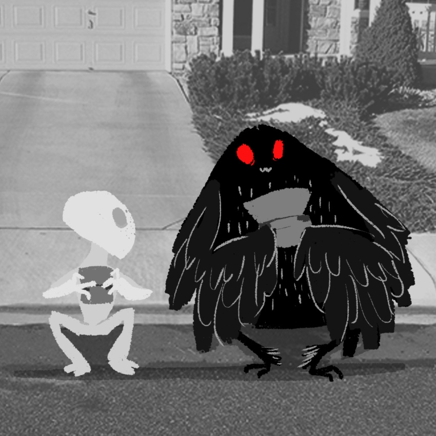 alien black_body black_fur building cryptid door electronics fur game_console hi_res house mothman mothmandaily nintendo nintendo_ds nintendo_ds_console nintendo_ds_family photo_background photography_(artwork) plant red_sclera road shadow tree