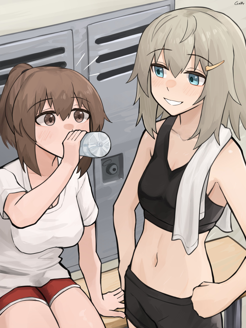 2girls absurdres bench black_shorts black_sports_bra blonde_hair blue_eyes bottle breasts brown_eyes brown_hair collarbone commentary commission cowboy_shot drinking english_commentary gamryous girls'_frontline grin hair_between_eyes hair_ornament hairclip hands_on_own_hips highres holding holding_bottle impossible_clothes impossible_shirt indoors large_breasts light_blush locker locker_room looking_at_another mp41_(girls'_frontline) multiple_girls navel notice_lines original ponytail red_shorts shirt short_hair short_shorts short_sleeves shorts signature sitting smile sports_bra sportswear stomach water_bottle white_shirt