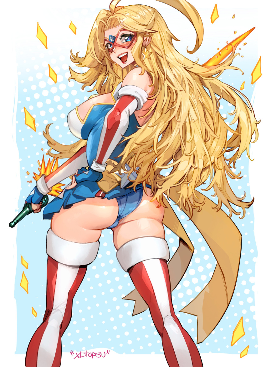 absurdres ahoge american_flag american_flag_print ass blonde_hair blue_eyes boots breasts cleavage clothing_cutout contrapposto domino_mask earrings elbow_gloves energy_sword eye_mask female fingerless_gloves flag_print gloves gold_bow highres jewelry kamen_america kamen_america_(comic) large_breasts leotard long_hair looking_at_viewer mask open_mouth patriotism reverse_grip smile solo star_(symbol) star_cutout star_earrings striped_clothes striped_footwear superhero_costume sword thigh_boots topsu vertical-striped_footwear weapon