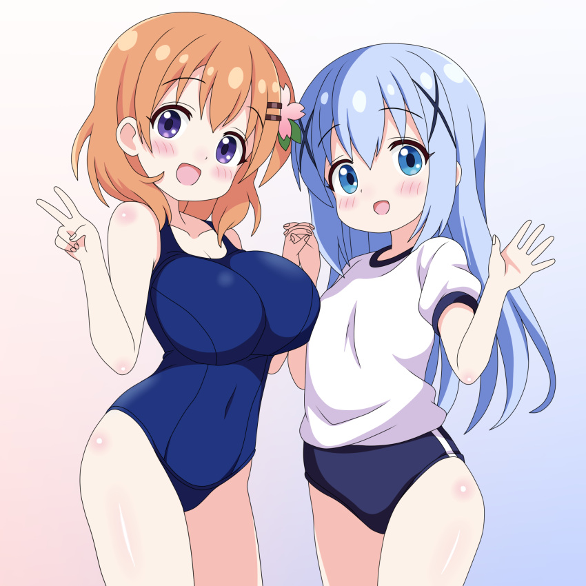 2girls blue_buruma blue_eyes blue_hair blue_one-piece_swimsuit breasts brown_eyes buruma flat_chest flower gochuumon_wa_usagi_desu_ka? gradient_background gym_shirt gym_uniform hair_flower hair_ornament highres holding_hands hoto_cocoa kafuu_chino large_breasts long_hair multiple_girls old_school_swimsuit one-piece_swimsuit sakuzo school_swimsuit shirt short_hair swimsuit t-shirt v waving white_shirt x_hair_ornament