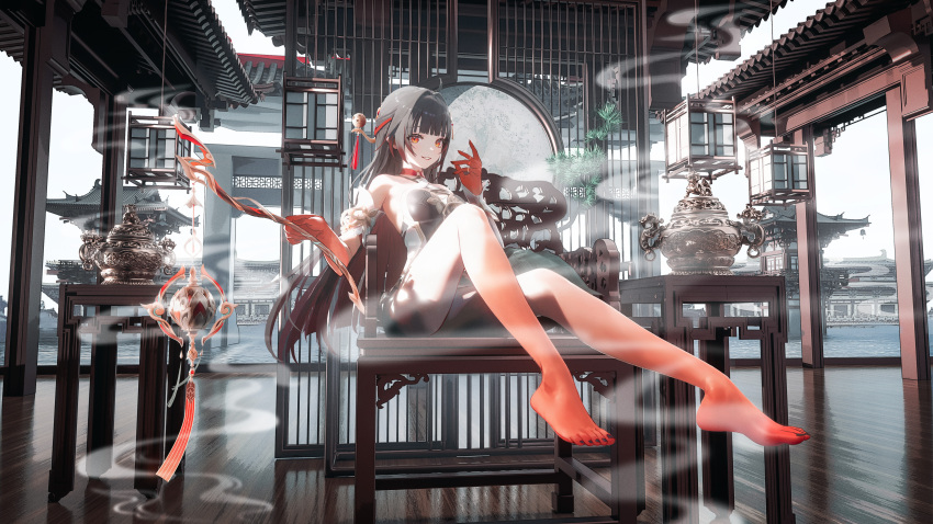 absurdres ahoge architecture artist_collaboration barefoot black_nails breasts chinese_clothes colored_extremities commentary_request criss-cross_halter detached_sleeves diamond-shaped_pupils diamond_(shape) east_asian_architecture female foot_dangle grin hair_intakes hair_ornament halterneck hand_up highres holding holding_incense_burner honkai:_star_rail honkai_(series) incense_burner knee_up lingsha_(honkai:_star_rail) long_hair looking_at_viewer medium_breasts nail_polish nid417 on_chair orange_eyes outdoors red_feet red_hands seymour_(sai_lu_er) sitting smile smoke solo symbol-shaped_pupils table tassel tassel_hair_ornament toenail_polish toenails toes wooden_floor