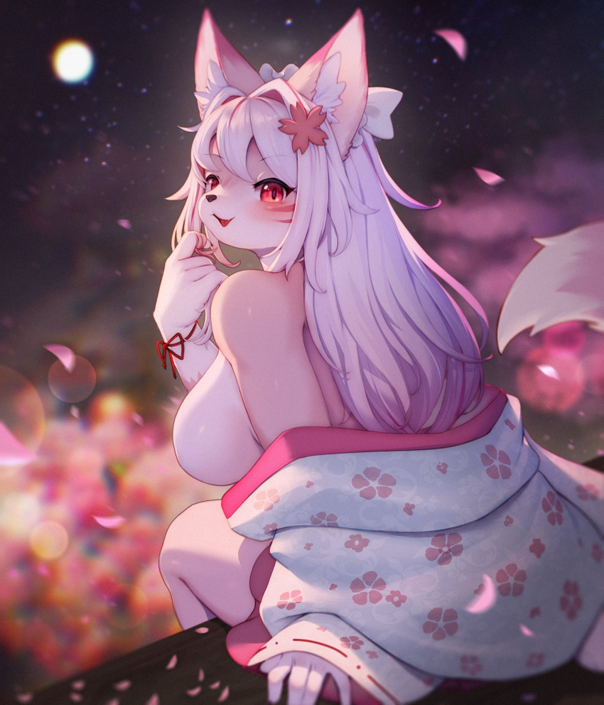 1girls anthro blush breasts canine countershading detailed_background female female_only fox fox_ears fox_tail fur furry furry_only hi_res japanese_clothes kimono kimono_down long_hair looking_at_viewer looking_back moon pink_fur red_eyes slit_pupils solo solo_female tail whisker_markings white_hair whooo-ya