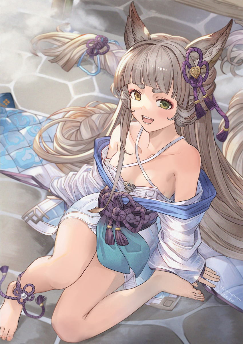 arched_bangs bath_yukata breasts cleavage covered_nipples criss-cross_halter erune female granblue_fantasy halterneck heterochromia highres huanghyy japanese_clothes kimono obi pholia pholia_(yukata) sash short_eyebrows small_breasts solo thick_eyebrows yukata