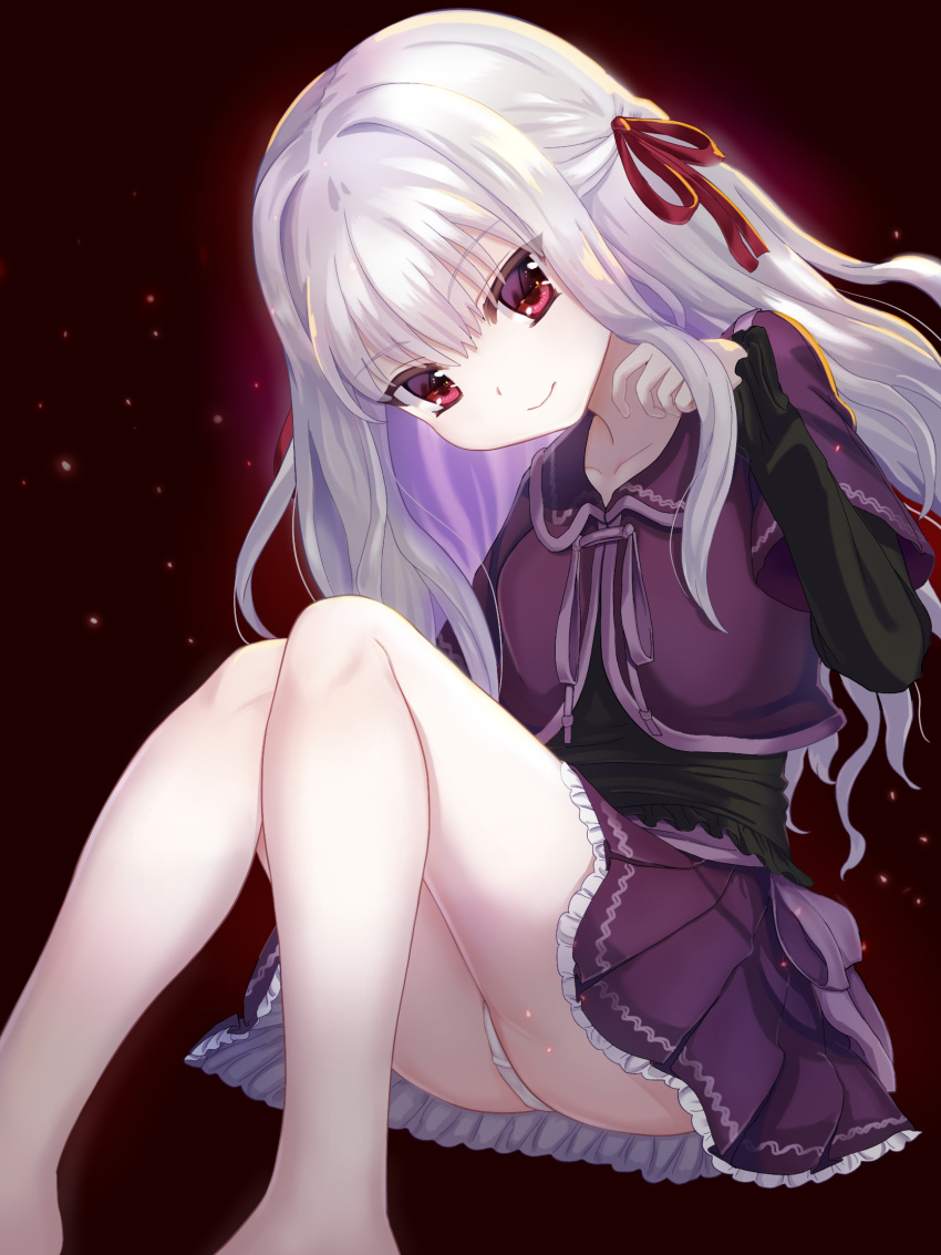 dress female gore_screaming_show hair_ribbon highres long_hair looking_at_viewer miura_dogu_(user_jfpz7573) panties pantyshot purple_dress red_background red_eyes red_ribbon ribbon sitting smile solo underwear white_hair white_panties yuka_(gore_screaming_show)