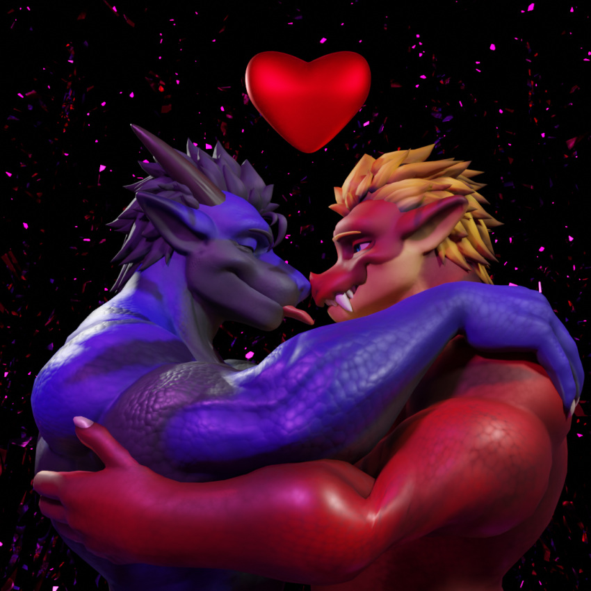 1:1 3d_(artwork) anthro closed_eyes dergdrister digital_media_(artwork) dragon drister_(dergdrister) duo heart_symbol hug love male male/male muscular mythological_creature mythological_scalie mythology romantic scalie simple_background slightly_chubby smile snouts_touching tyler_(dergdrister)