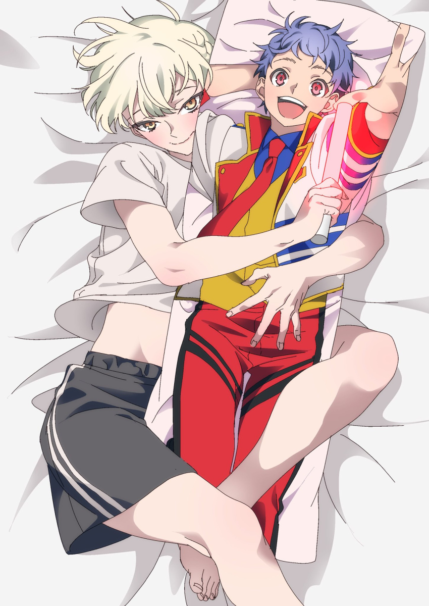 1boy androgynous bad_id bad_twitter_id barefoot bed_sheet black_shorts blonde_hair blue_hair closed_mouth dakimakura_(object) foot_out_of_frame glowstick highres holding holding_glowstick hugging_object ichijou_shin idol_clothes image_sample implied_yaoi inactive_account jacket king_of_prism kisaragi_louis looking_at_viewer lying male_focus midriff_peek necktie on_back open_mouth pants pillow pillow_hug pretty_rhythm pretty_series red_eyes red_necktie red_pants shirt short_hair short_sleeves shorts smile solo twitter_sample white_jacket white_shirt yellow_eyes zashima