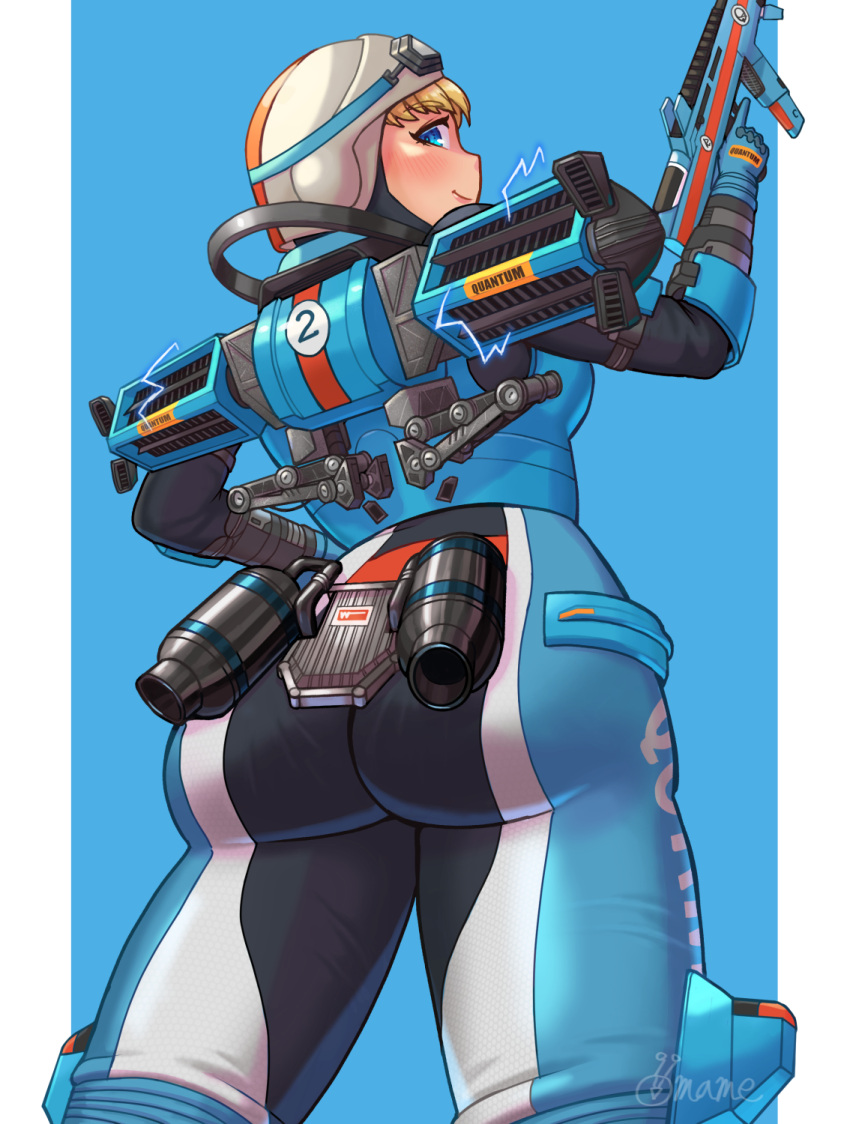 animification apex_legends artist_name ass assault_rifle blue_background blue_bodysuit blue_gloves blush bodysuit commentary_request electricity female gloves goggles goggles_on_headwear gun helmet highres looking_back mutturi_mamer18 official_alternate_costume pillarboxed r-301_carbine rifle smile solo trigger_discipline wattson_(apex_legends) weapon white_helmet wired_for_speed_wattson