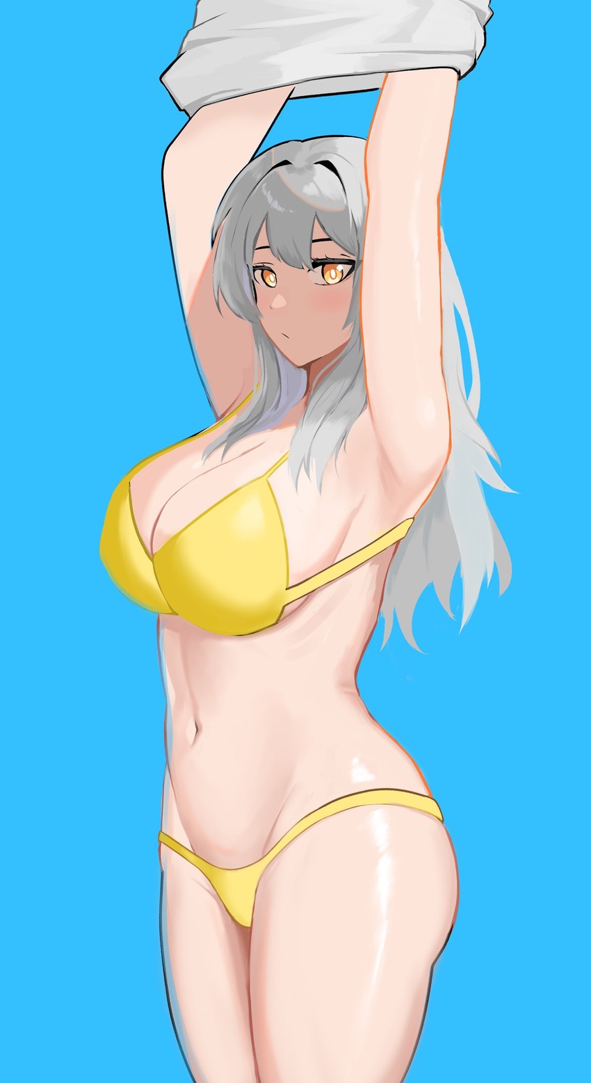 armpits arms_up bikini blue_background breasts commentary cowboy_shot female grey_hair hair_intakes highres honkai:_star_rail honkai_(series) large_breasts long_hair looking_at_viewer navel solo standing stelle_(honkai:_star_rail) stomach swimsuit thighs tofudofu trailblazer_(honkai:_star_rail) yellow_bikini yellow_eyes