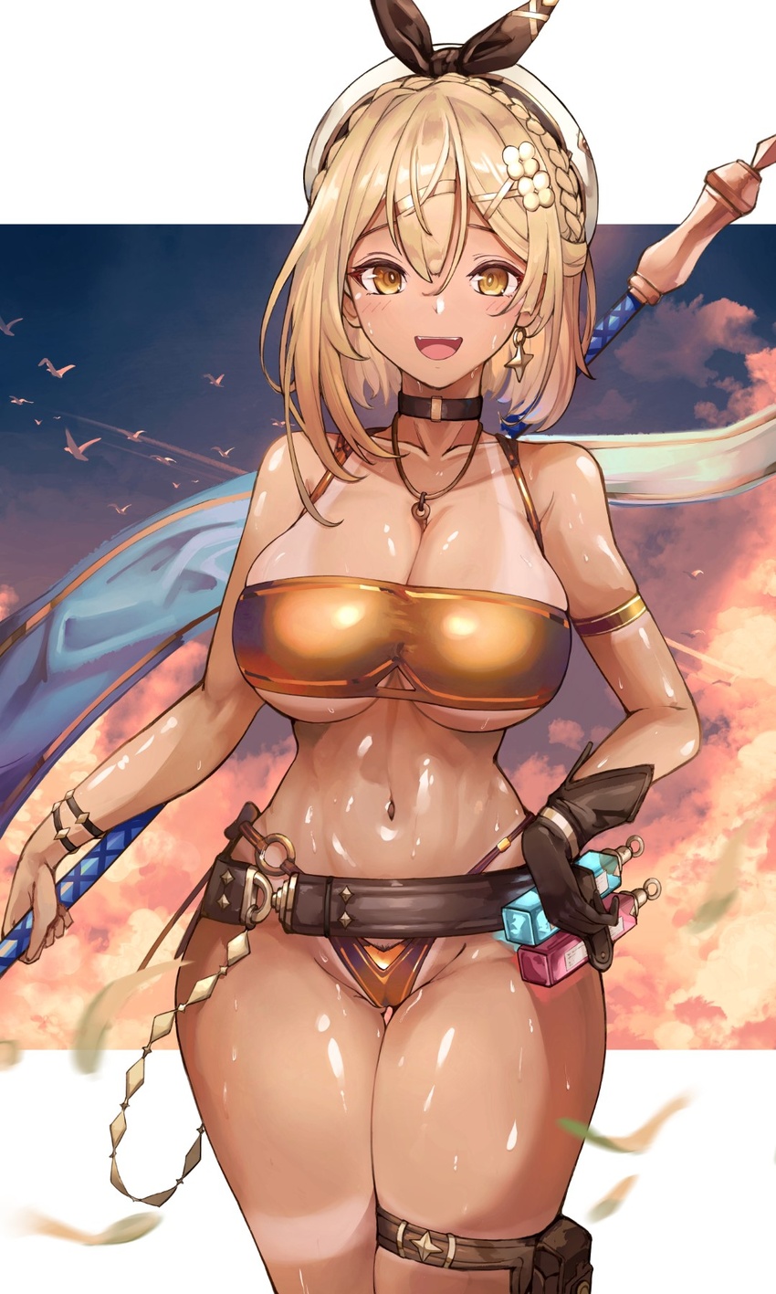 arm_strap ass_visible_through_thighs atelier_(series) atelier_resleriana atelier_ryza bare_shoulders belt bikini blonde_hair blush braid breasts brown_belt brown_gloves brown_ribbon choker cleavage collarbone dark-skinned_female dark_skin earrings female gloves gold_bikini gyaru hair_between_eyes hair_ornament hair_ribbon hairclip hat highres jewelry large_breasts leather leather_belt leather_gloves lips looking_at_viewer navel necklace pouch pubic_hair pubic_hair_peek reisalin_stout reisalin_stout_(blooming_energy) revealing_clothes ribbon shiny_skin short_hair single_glove skindentation smile solo standing star_(symbol) star_earrings stomach swimsuit tan tanlines thick_thighs thigh_gap thigh_pouch thighs underboob vial white_hat yellow_eyes yusha_m