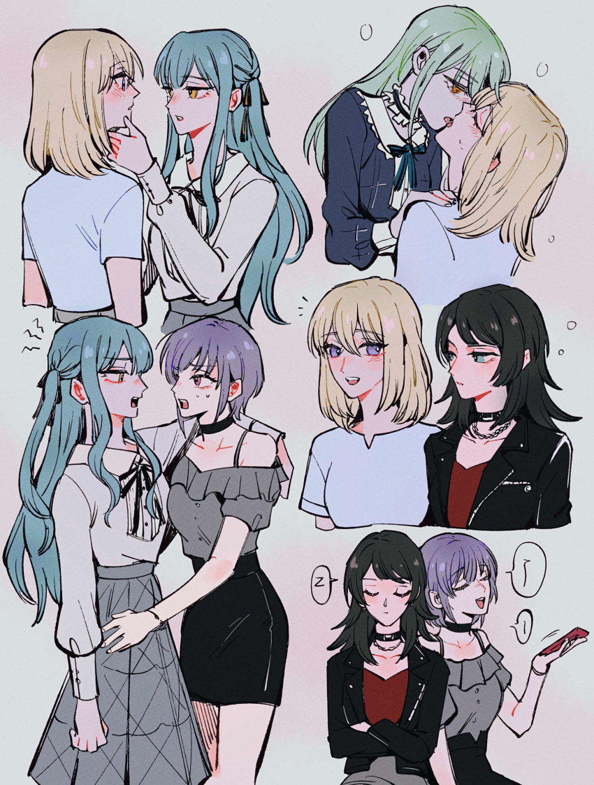 5girls arm_around_neck ave_mujica_(bang_dream!) bang_dream! bang_dream!_it's_mygo!!!!! black_choker black_hair black_jacket black_ribbon black_skirt blonde_hair blue_dress blush chain_necklace chains choker closed_eyes closed_mouth collared_shirt commentary dress french_kiss green_hair grey_background grey_shirt grey_skirt hand_on_another's_shoulder highres holding holding_phone jacket jewelry kissing long_hair maybecrosswise medium_hair misumi_uika multiple_girls neck_ribbon necklace off-shoulder_shirt off_shoulder open_clothes open_jacket open_mouth parted_lips pencil_skirt phone pink_eyes purple_eyes purple_hair red_shirt ribbon shirt shirt_tucked_in short_hair short_sleeves skirt sleeping smile speech_bubble sweat symbol-only_commentary togawa_sakiko tongue tongue_out wakaba_mutsumi white_shirt yahata_umiri yuri yuutenji_nyamu