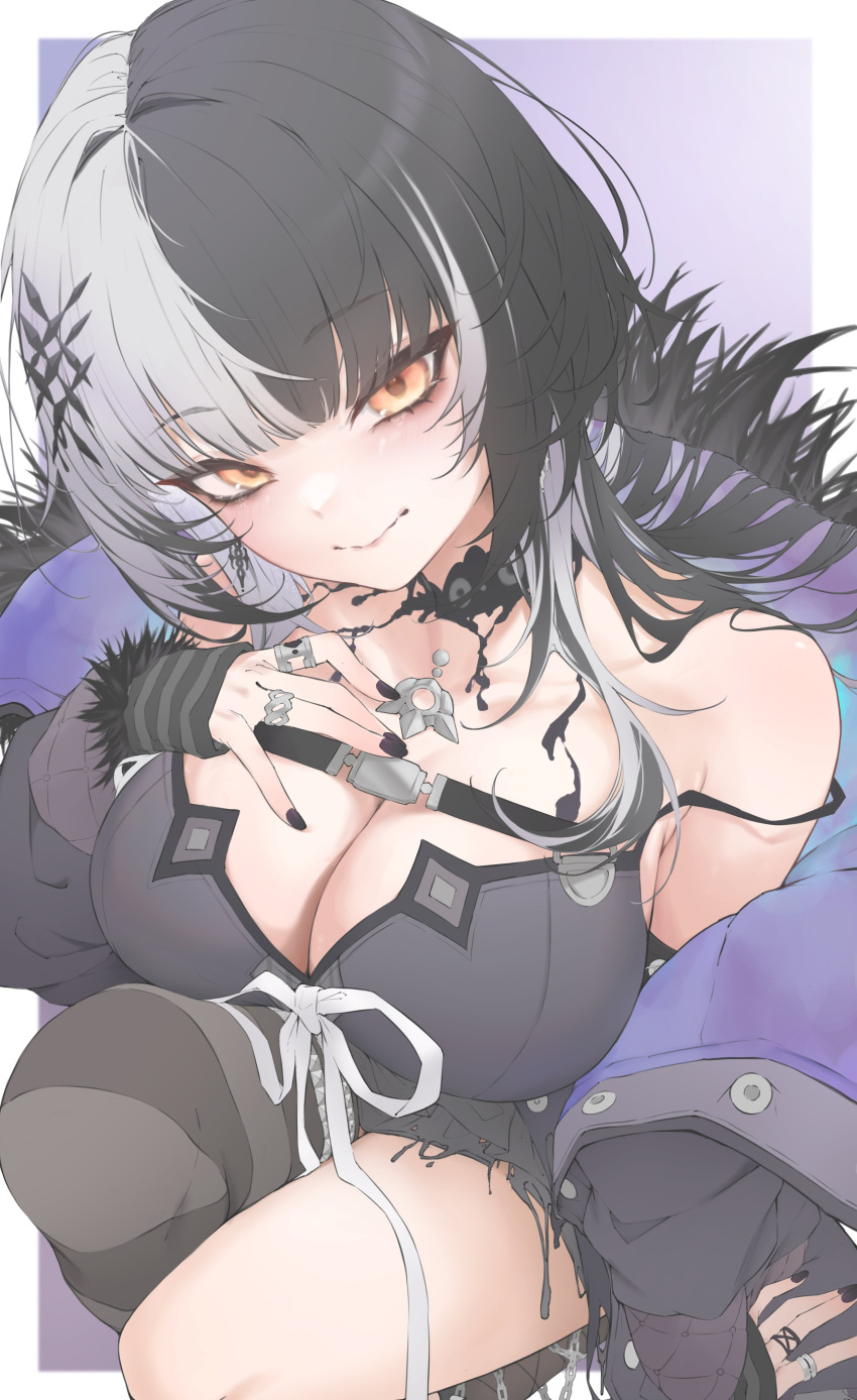 a9_(repainter) absurdres black_choker black_dress black_hair black_nails blush breasts choker cleavage commentary dress female fur_trim grey_hair hair_ornament highres hololive hololive_english jewelry large_breasts long_hair looking_at_viewer multicolored_hair ring shiori_novella shiori_novella_(1st_costume) smile solo split-color_hair symbol-only_commentary two-tone_hair virtual_youtuber yellow_eyes