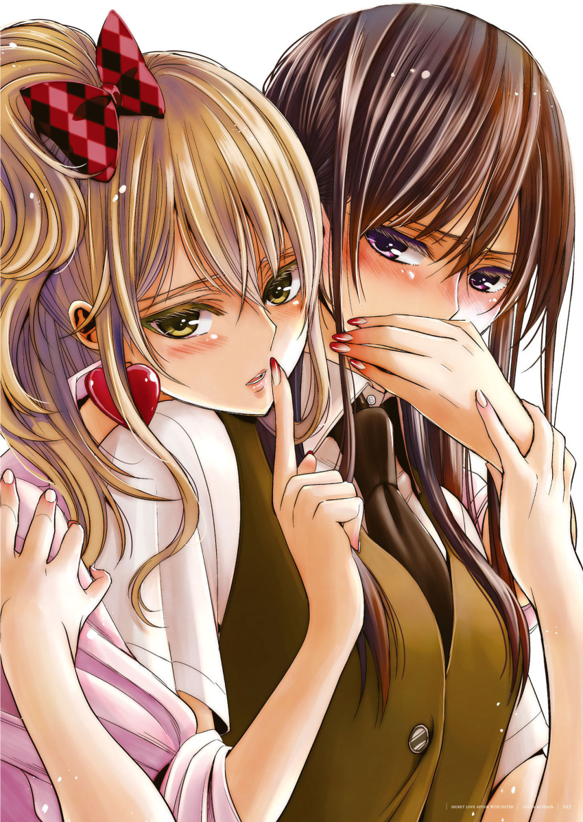 2girls aihara_academy_school_uniform aihara_mei aihara_yuzu black_hair blonde_hair blush breasts citrus_(saburouta) ear_blush earrings finger_to_mouth green_eyes hair_between_eyes hand_on_another's_mouth hand_up highres index_finger_raised inseki jewelry long_hair looking_at_viewer medium_breasts multiple_girls official_art open_mouth parted_lips purple_eyes saburouta school_uniform shirt shushing step-siblings step-sisters white_shirt wife_and_wife yuri